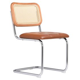 Upholstered Rattan Dining Chairs (Set of 2),Cane Back & Stainless Chrome Base,Reddish Brown Cushion