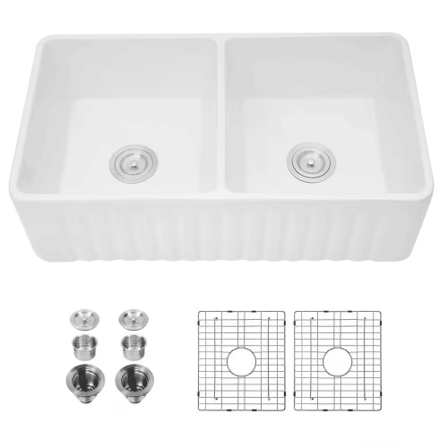 Ceramic White Kitchen Double Basin Farmhouse Sink Rectangular Vessel Sink Ceramic White Kitchen Double Basin Farmhouse Sink Rectangular Vessel Sink
