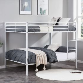 Full Over Full Bunk Bed, Heavy Duty Metal Bunk Bed Frame with Built-in Ladder and Safety Guard Rail, Low Metal Bunk Bed Frame for Kids (Main Material: Iron, Main Color: White)